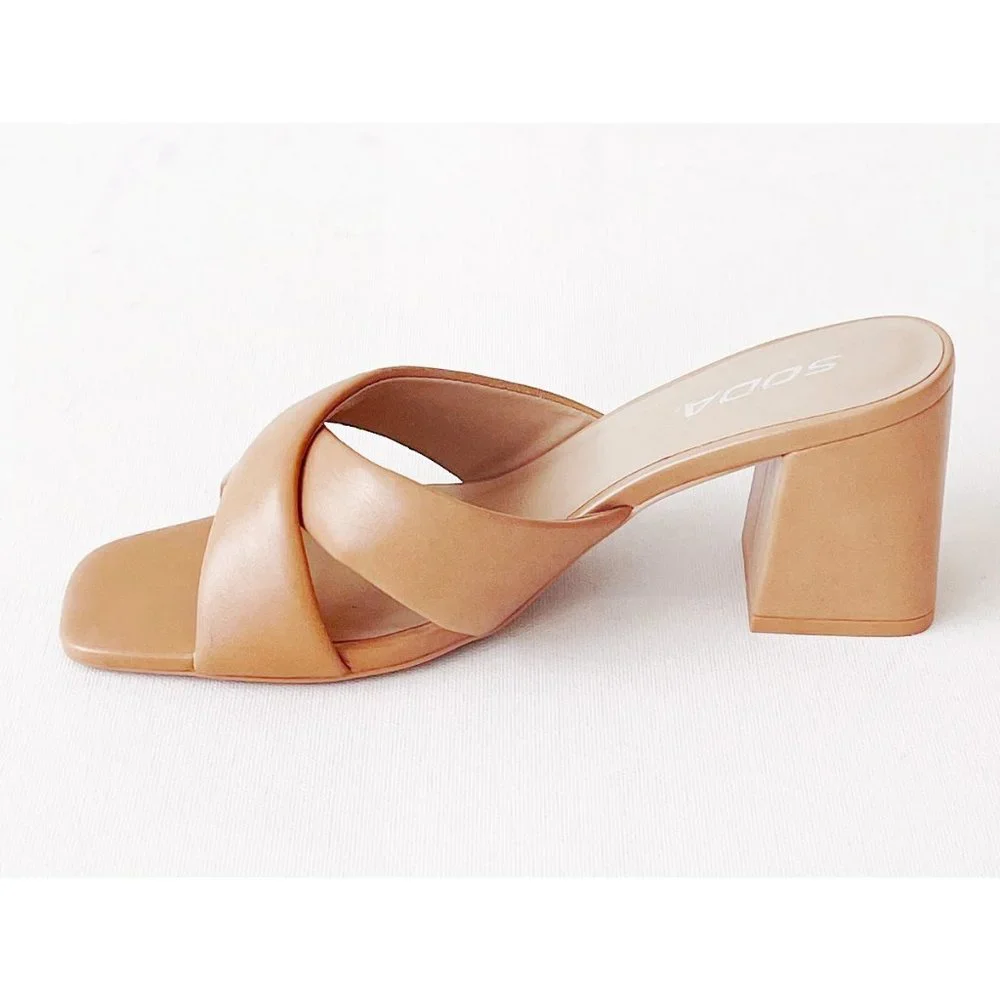 NEW Natural Tan Nude Twist Block Heel Slip Slide On Comfy Mule Sandal Shoes - Picture 7 of 12